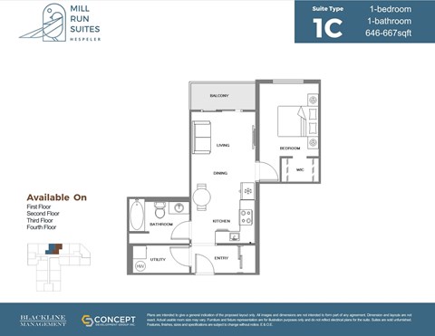 A floor plan for a 1-bedroom, 1-bathroom suite at Mill Run Suites.